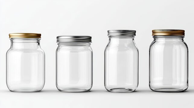 Four empty glass jars with gold and silver lids on white background