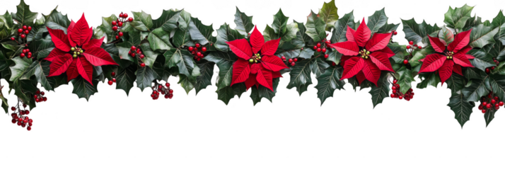 Red poinsettias and green holly leaves adorned with berries arranged in a festive garland. Png, Transparent background.