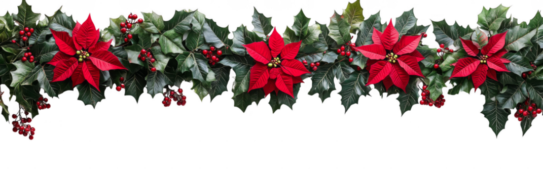 Red poinsettias and green holly leaves adorned with berries arranged in a festive garland. Png, Transparent background.