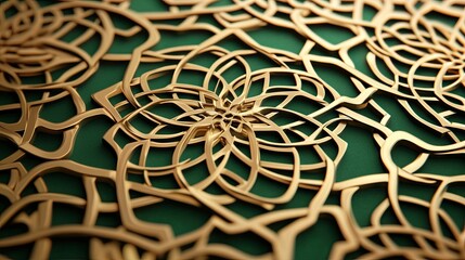 Intricate gold filigree patterns on a deep emerald green background.