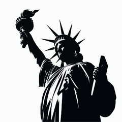 Retro art illustration of a woman liberty statue and ancient knight with sword and shield silhouette © Sany