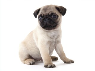 Adorable pug puppy sitting on white background
