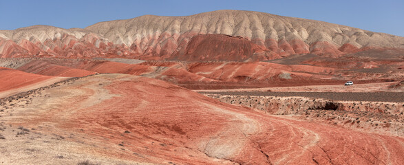 Khizi district. Azerbaijan. 04.17.2022. Beautiful red mountains in the Khizy region.