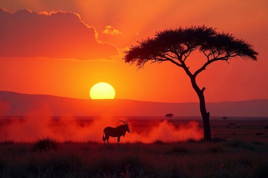 Africa sunset over Botswana savannah with silhouetted zebra in dusty terrain, natural, silhouette, landscape