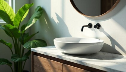 Fototapeta premium Modern round white washbasin on vanity counter with gray terrazzo countertop and lush green plant in sunlight, bathroom decor, home spa, skincare