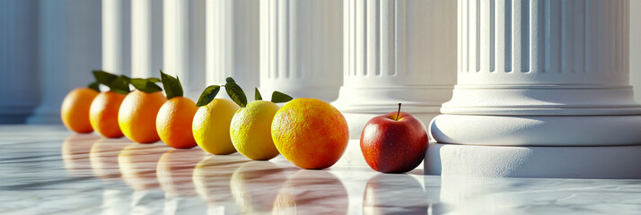 Located in front of elegant white pillars, rows of various types of fruit arranged on a polished marble floor, dramatic lighting, 