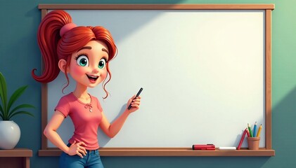 Colorful cartoon female teacher standing in front of a whiteboard with markers and chalk, classroom, school, teacher