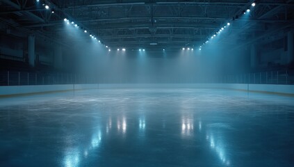 Empty ice rink arena, lit by spotlights
