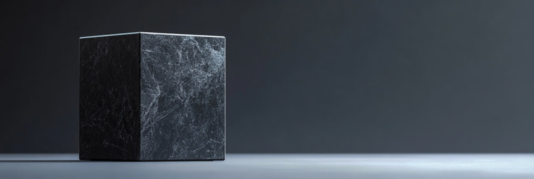 Polished black granite cubes displayed on a smooth gray background, with a sleek banner that has a dedicated copy space area for text or branding.