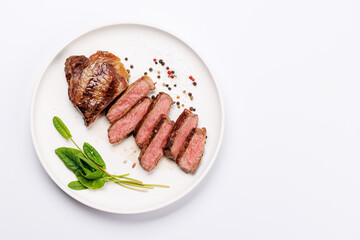 A perfectly cooked sliced striploin steak with a juicy, tender texture