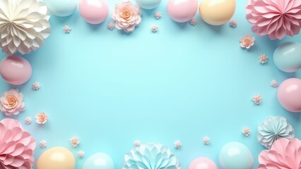 Flat lay decoration party concept pastel blue border top view