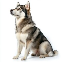 Obraz premium Adorable Siberian Husky puppy sitting proud with alert expression, fluffy fur, striking blue eyes, erect ears, in a clean white background, full body shot