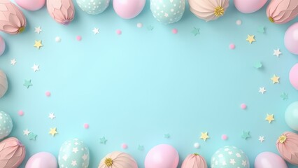 Flat lay decoration party concept pastel blue border top view