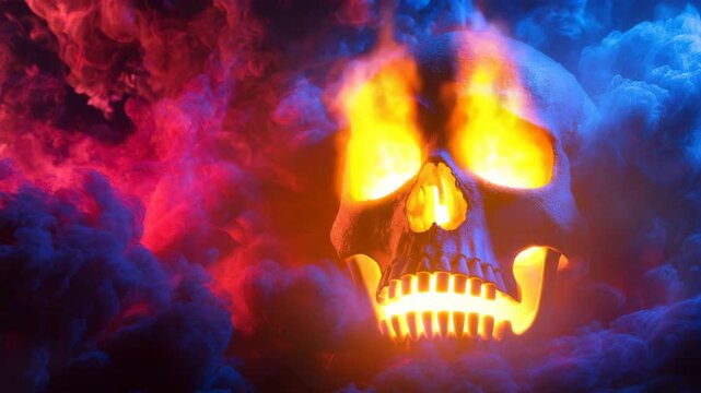 Burning Skull Surrounded by Fiery Smoke