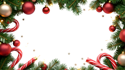 Festive Christmas Frame with Red Ornaments and Evergreen Branches  – Ideal for Holiday Cards, Banners, and Seasonal Social Media Posts.
