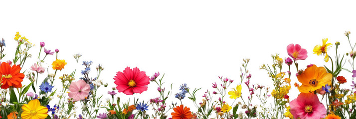 Colorful wildflowers with green stems bloom vibrantly against a solid black background. Png, Transparent background.