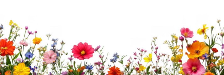 Colorful wildflowers with green stems bloom vibrantly against a solid black background. Png, Transparent background.