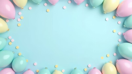 Flat lay decoration party concept pastel blue border top view