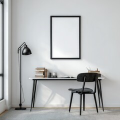 Minimalist home office scene with a blank framed poster