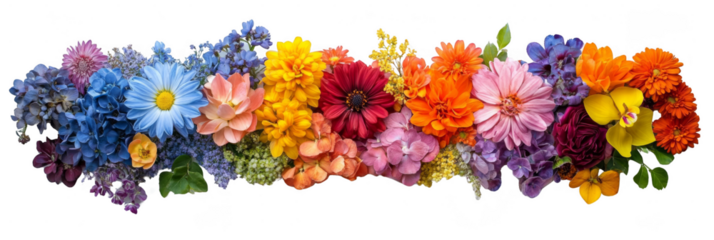 A vibrant arrangement of assorted colorful flowers in full bloom. Png, Transparent background.