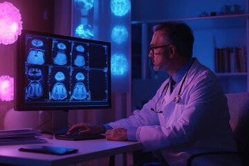 experienced male physician analyzing patient scan, soft ambient lighting