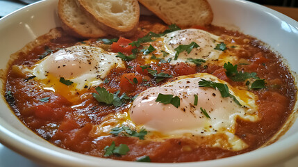 Shakshuka with Poached Eggs in Tomato Sauce Served with Crusty Bread