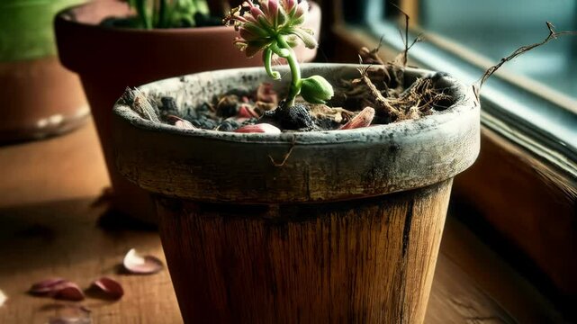 Close up of a small plant in a weathered terracotta pot with a textured surface and soil mixed with dry leaves, placed near a window.