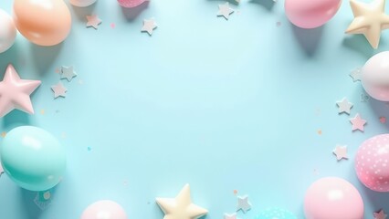 Flat lay decoration party concept pastel blue border top view