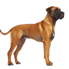 Obraz premium Stunning image of a large athletic dog with a muscular build and short brown coat standing in a side profile against a white background, showcasing strength and elegance