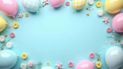 Flat lay decoration party concept pastel blue border top view