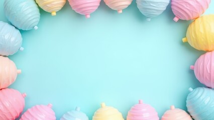 Flat lay decoration party concept pastel blue border top view