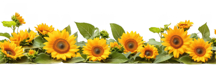 A row of vibrant yellow sunflowers with green leaves arranged in a horizontal line. Png, Transparent background.