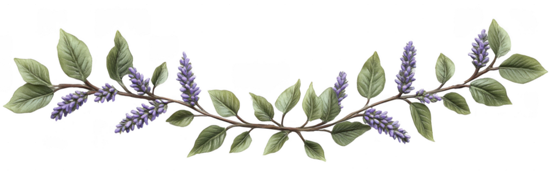 A delicate vine with green leaves and clusters of small purple flowers arranged along its length. Png, Transparent background. - Powered by Adobe