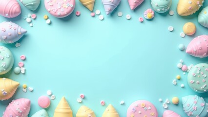 Flat lay decoration party concept pastel blue border top view