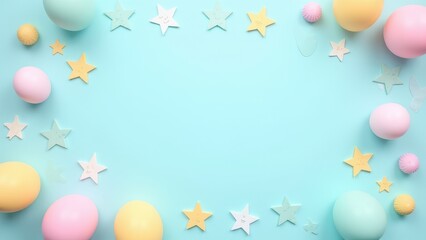 Flat lay decoration party concept pastel blue border top view