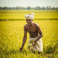 Tamil Nadu&nbsp;farmer&nbsp;with&nbsp;a&nbsp;smiling&nbsp;face&nbsp;in&nbsp;an&nbsp;old&nbsp;dhoti, shirtless&nbsp;with&nbsp;an&nbsp;old&nbsp;turban&nbsp;on&nbsp;his&nbsp;head