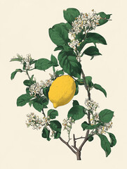 lemon with Summer flowers and butterflies, white background, hand drawn style, vintage  