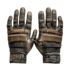 Tactical gloves with reinforced knuckles and adjustable straps designed for durability and protection. Png, Transparent background.