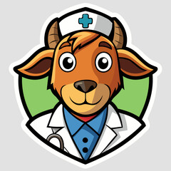 A sticker depicting a good-natured goat doctor.