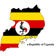 A stylized uganda map with flag colors and a crane emblem against a black background design element