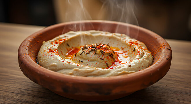 Moroccan Bissara fava bean dip - cumin and paprika dusting