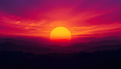 Obraz premium Vibrant Sunset Over Silhouetted Mountains A Stunning Nature Photography