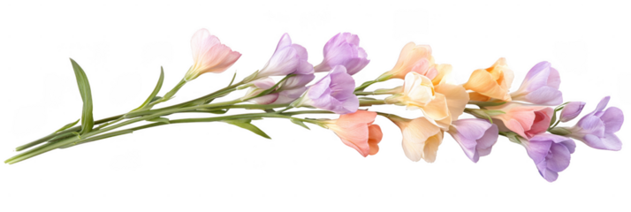 A delicate spray of pastel-colored flowers with slender green stems and leaves. Png, Transparent background.