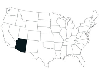 Fototapeta premium Map of arizona State in United States country on white background. Single State map highlighted by black colour on United States of America map. UNITED STATES, US