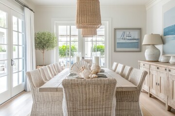 A coastal dining room with light, airy colors, natural light, and nautical decor accents. Opt for a palette of whites, blues,