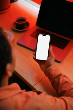 Hand Holding Phone with white screen mockup