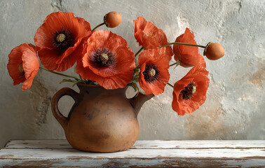 Red Poppies in a Terracotta Pot, Rustic Still Life Photography © pimpakarn