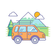 Fototapeta premium Colorful illustration of a car trip to the mountains with nature around