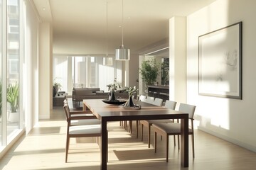 minimalistic decor. Utilize clean lines, large windows for natural light, and integrated storage solutions. Incorporate contemporary art pieces, sophisticated 