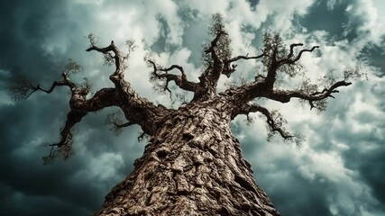 Dramatic low angle shot of an old and gnarled tree against a stormy cloudy sky - Powered by Adobe